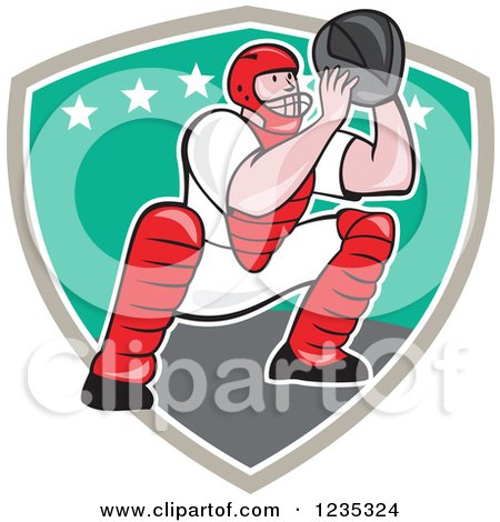 Clipart of a Cartoon Baseball Catcher Man Crouching over a Shield - Royalty Free Vector Illustration by patrimonio