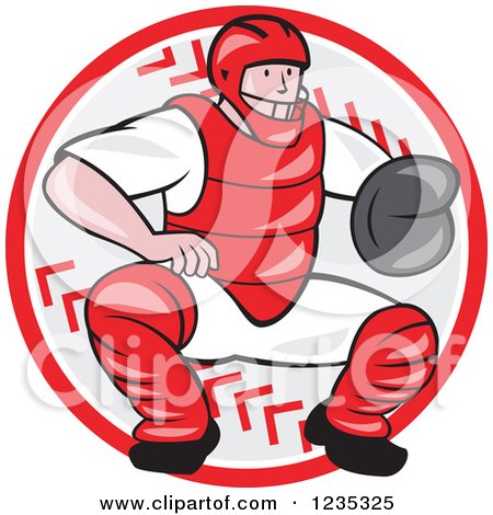 Clipart of a Cartoon Baseball Catcher Man Crouching over a Ball - Royalty Free Vector Illustration by patrimonio