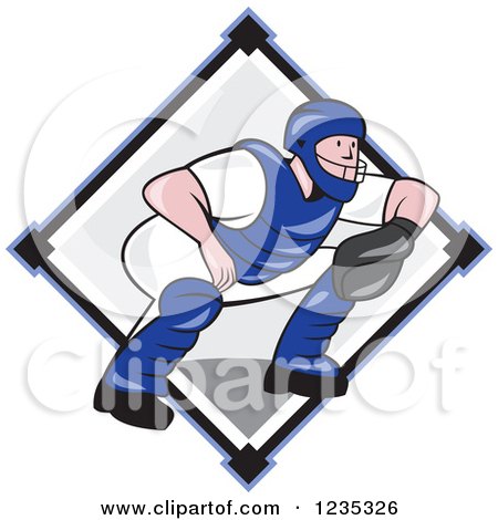 Clipart of a Cartoon Baseball Catcher Man Crouching over a Diamond - Royalty Free Vector Illustration by patrimonio