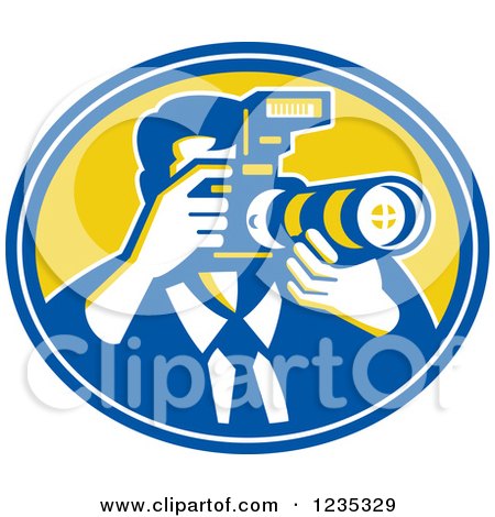 Clipart of a Retro Male Photographer in a Blue and Yellow Oval - Royalty Free Vector Illustration by patrimonio