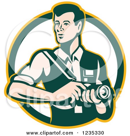Clipart of a Retro Male Photographer in a Circle - Royalty Free Vector Illustration by patrimonio