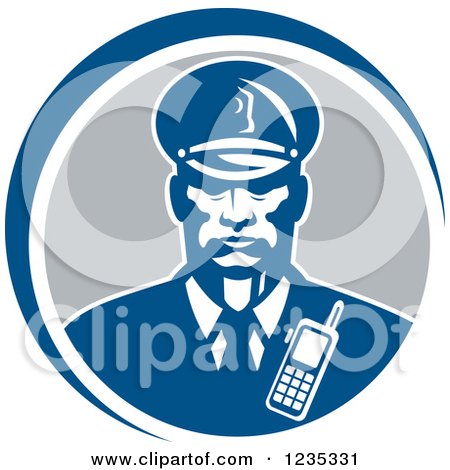 Clipart of a Retro African American Security Guard in a Blue and Gray Circle - Royalty Free Vector Illustration by patrimonio
