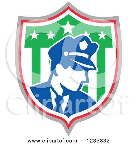 Clipart of a Retro Police Man in an American Shield - Royalty Free Vector Illustration by patrimonio