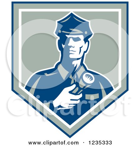 Clipart of a Retro Police Man with a Flashlight in a Shield - Royalty Free Vector Illustration by patrimonio