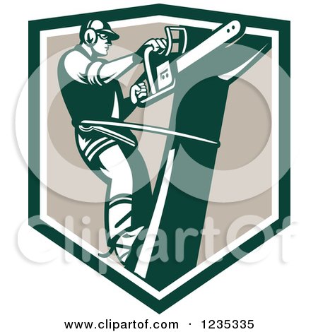 Clipart of a Retro Arborist Tree Trimmer Using a Saw in a Shield - Royalty Free Vector Illustration by patrimonio