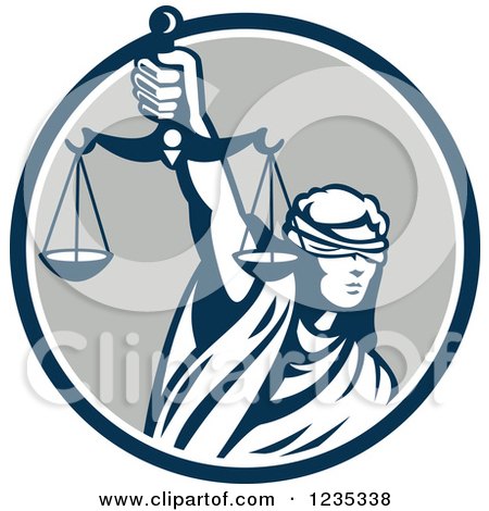 Clipart of a Retro Blindfolded Lady Justice Holding Scales in a Blue and Gray Circle - Royalty Free Vector Illustration by patrimonio