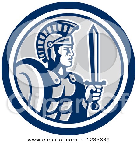 Clipart of a Retro Centurian Roman Soldier in a Blue White and Gray Circle - Royalty Free Vector Illustration by patrimonio