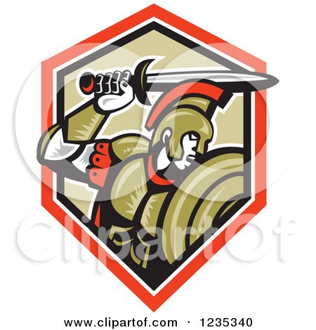 Clipart of a Retro Roman Centurion Soldier Holding up His Sword over a Shield - Royalty Free Vector Illustration by patrimonio