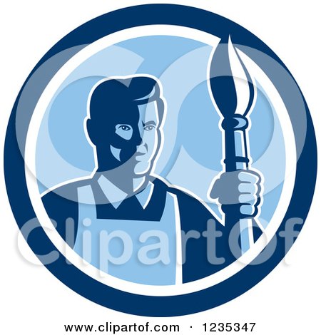 Clipart of a Retro Male Artist with a Paintbrush in a Blue Circle - Royalty Free Vector Illustration by patrimonio