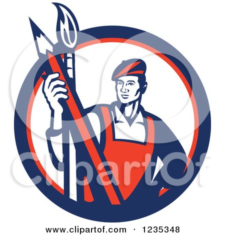 Clipart of a Retro Male Artist with a Paintbrush and a Pencil in a White Red and Blue Circle - Royalty Free Vector Illustration by patrimonio