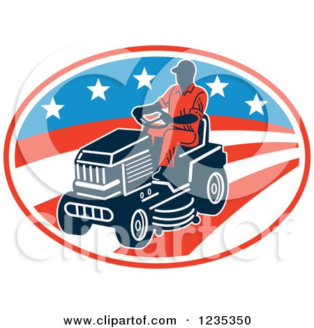 Clipart of a Man Riding a Lawn Mower over an American Stars and Stripes Oval - Royalty Free Vector Illustration by patrimonio