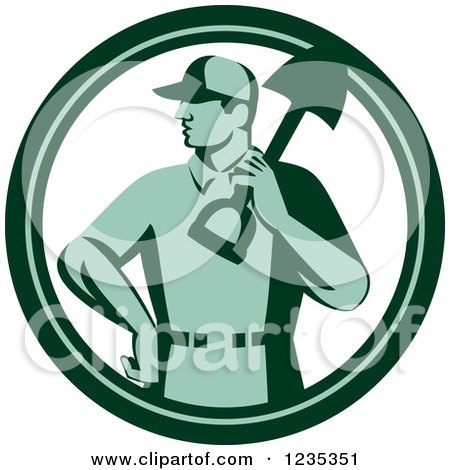 Clipart of a Retro Green Landscaper with a Shovel in a Circle - Royalty Free Vector Illustration by patrimonio