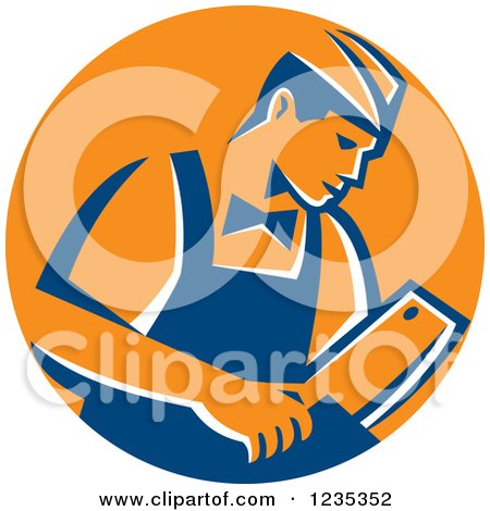 Clipart of a Retro Male Butcher Holding a Meat Cleaver Knife in a Blue and Orange Circle - Royalty Free Vector Illustration by patrimonio