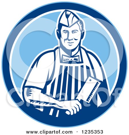 Clipart of a Retro Male Butcher Holding a Meat Cleaver Knife in a Blue Circle - Royalty Free Vector Illustration by patrimonio