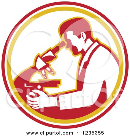 Clipart of a Retro Scientist Using a Microscope in a White Orange and Red Circle - Royalty Free Vector Illustration by patrimonio