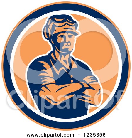 Clipart of a Retro Blue and Orange Carpenter Man in a Circle - Royalty Free Vector Illustration by patrimonio