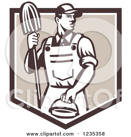 Clipart of a Retro Male Janitor Holding a Mop and Bucket over a Brown Shield - Royalty Free Vector Illustration by patrimonio