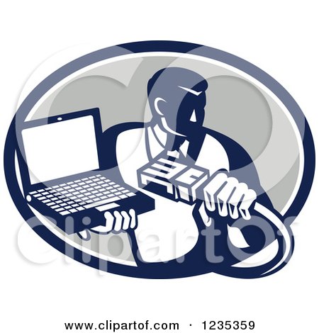 Clipart of a Retro Computer Repair Man with a Cable and Laptop in a Gray Oval - Royalty Free Vector Illustration by patrimonio