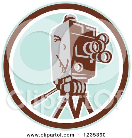 Clipart of a Retro Movie Camera over a Pastel Blue and Brown Circle - Royalty Free Vector Illustration by patrimonio