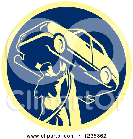 Clipart of a Retro Auto Mechanic Working on a Car on a Lift in a Blue and Yellow Circle - Royalty Free Vector Illustration by patrimonio