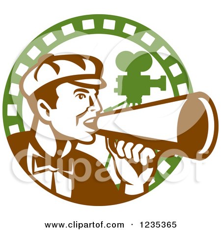 Clipart of a Retro Male Director Using a Bullhorn in a Film Strip Circle - Royalty Free Vector Illustration by patrimonio