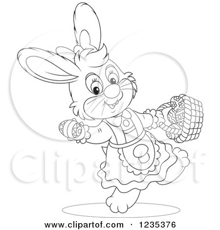 Clipart of a Black and White Female Easter Bunny with a Basket of Eggs - Royalty Free Vector Illustration by Alex Bannykh