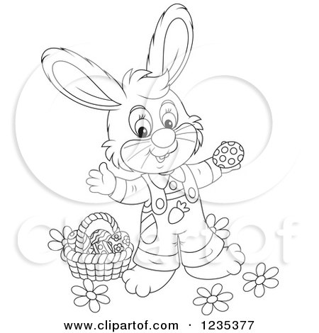 Clipart of a Black and White Male Easter Bunny Standing by a Basket of Eggs - Royalty Free Vector Illustration by Alex Bannykh