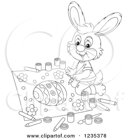 Clipart of a Black and White Male Bunny Painting a Picture of an Easter Egg - Royalty Free Vector Illustration by Alex Bannykh