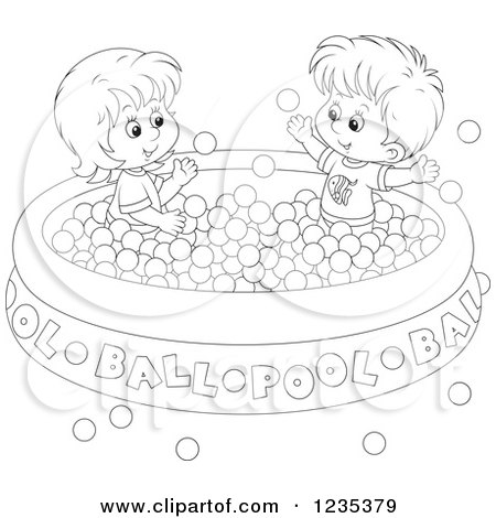 Clipart of Black and White Children Playing in a Ball Pool - Royalty Free Vector Illustration by Alex Bannykh