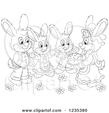 Clipart of a Black and White Group of Dressed Rabbits with an Easter Cake - Royalty Free Vector Illustration by Alex Bannykh