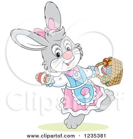 Clipart of a Gray Female Easter Bunny Carrying a Basket of Eggs - Royalty Free Vector Illustration by Alex Bannykh