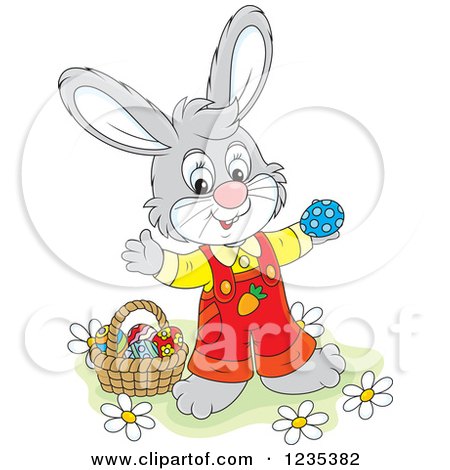 Clipart of a Happy Gray Male Easter Bunny Standing by a Basket of Eggs - Royalty Free Vector Illustration by Alex Bannykh