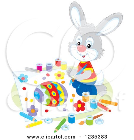 Clipart of a Gray Male Bunny Painting a Picture of an Easter Egg - Royalty Free Vector Illustration by Alex Bannykh