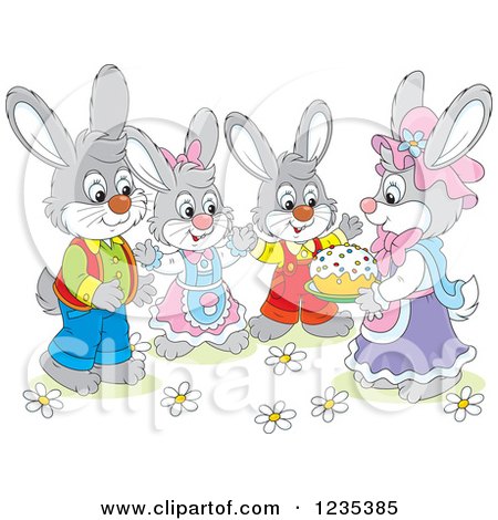 Clipart of a Family of Dressed Rabbits with an Easter Cake - Royalty Free Vector Illustration by Alex Bannykh