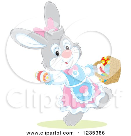 Clipart of a Gray Female Easter Bunny with a Basket of Eggs - Royalty Free Vector Illustration by Alex Bannykh