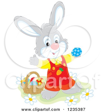 Clipart of a Gray Male Easter Bunny Standing by a Basket of Eggs - Royalty Free Vector Illustration by Alex Bannykh