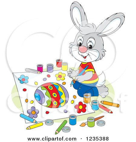 Clipart of a Gray Male Bunny Rabbit Painting a Picture of an Easter Egg - Royalty Free Vector Illustration by Alex Bannykh