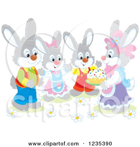 Clipart of a Group of Dressed Rabbits with an Easter Cake - Royalty Free Vector Illustration by Alex Bannykh