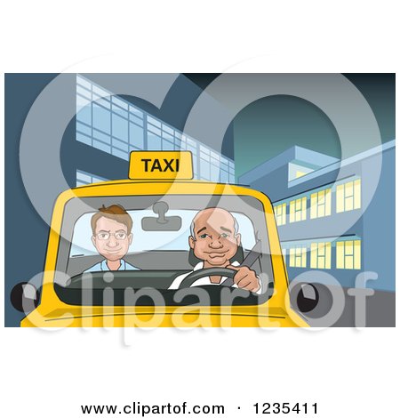 Clipart of a Cab Driver and Passenger in a City Taxi at Night - Royalty Free Vector Illustration by David Rey