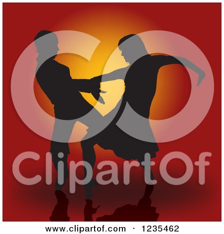 Clipart of a Silhouetted Samba Latin Dance Couple over Orange - Royalty Free Vector Illustration by dero