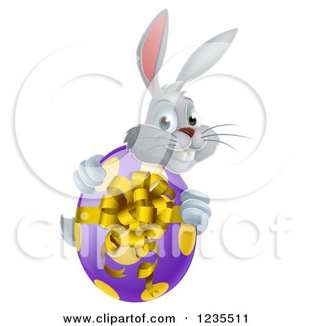 Clipart of a Gray Bunny Rabbit Holding an Easter Egg - Royalty Free Vector Illustration by AtStockIllustration