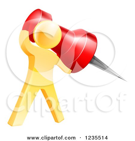 Clipart of a 3d Gold Man Holding a Pin - Royalty Free Vector Illustration by AtStockIllustration