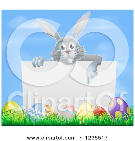 Clipart of a Gray Bunny Rabbit Pointing down to a Sign with Grass and Easter Eggs - Royalty Free Vector Illustration by AtStockIllustration