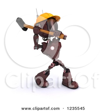 Clipart of a 3d Red Android Construction Robot Demolishing with a Sledgehammer - Royalty Free Illustration by KJ Pargeter