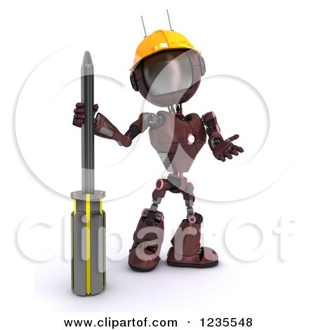 Clipart of a 3d Red Android Robot with a Screwdriver - Royalty Free Illustration by KJ Pargeter