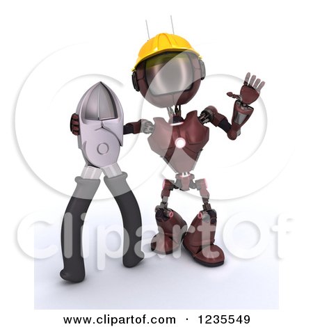 Clipart of a 3d Red Android Construction Robot with Pliers - Royalty Free Illustration by KJ Pargeter