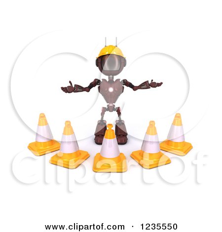 Clipart of a 3d Red Android Construction Robot with Cones - Royalty Free Illustration by KJ Pargeter