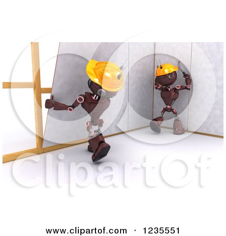 Clipart of 3d Red Android Construction Robots Hanging Drywall - Royalty Free Illustration by KJ Pargeter