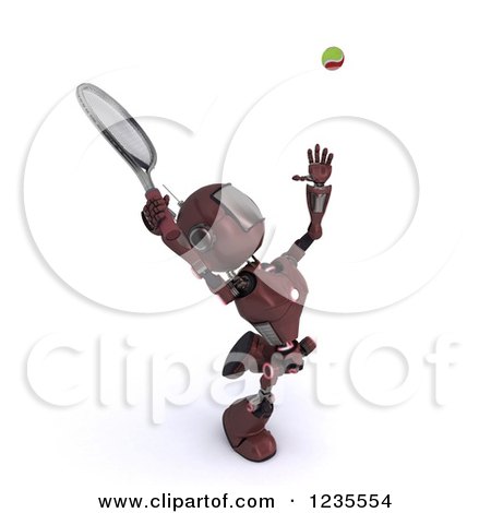 Clipart of a 3d Red Android Robot Playing Tennis 2 - Royalty Free Illustration by KJ Pargeter