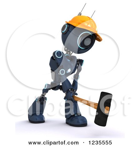 Clipart of a 3d Blue Android Construction Robot Demolishing with a Sledgehammer 3 - Royalty Free Illustration by KJ Pargeter